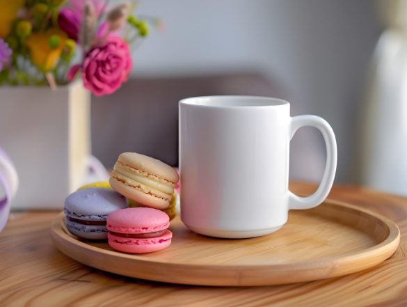 Mug blanc simple posé sur un plateau en bois avec des macarons colorés