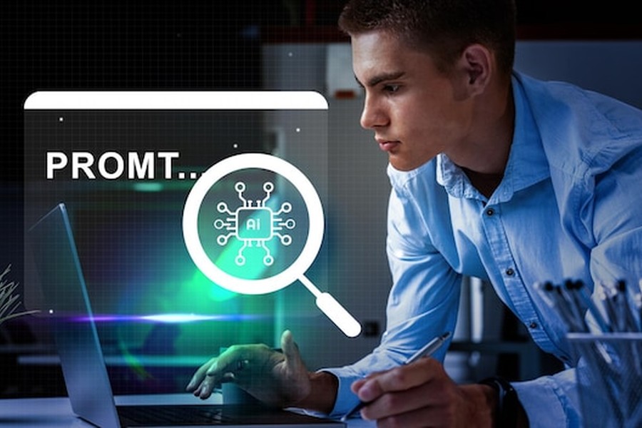 Un jeune homme concentré analyse des données sur son ordinateur avec une interface numérique expliquant comment monétiser ses propres données d'entraînement IA : le guide de la souveraineté numérique personnelle.