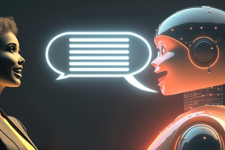 Une professionnelle échange avec un robot intelligent pour maîtriser la Publicité sur les Answer Engines : Comment être cité par les agents conversationnels et l'IA.