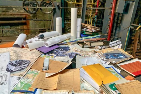 Plans d'architecte et dossiers techniques étalés sur un établi industriel pour préparer le REP Bâtiment 2026 : guide pratique de la reprise gratuite des déchets de chantier.