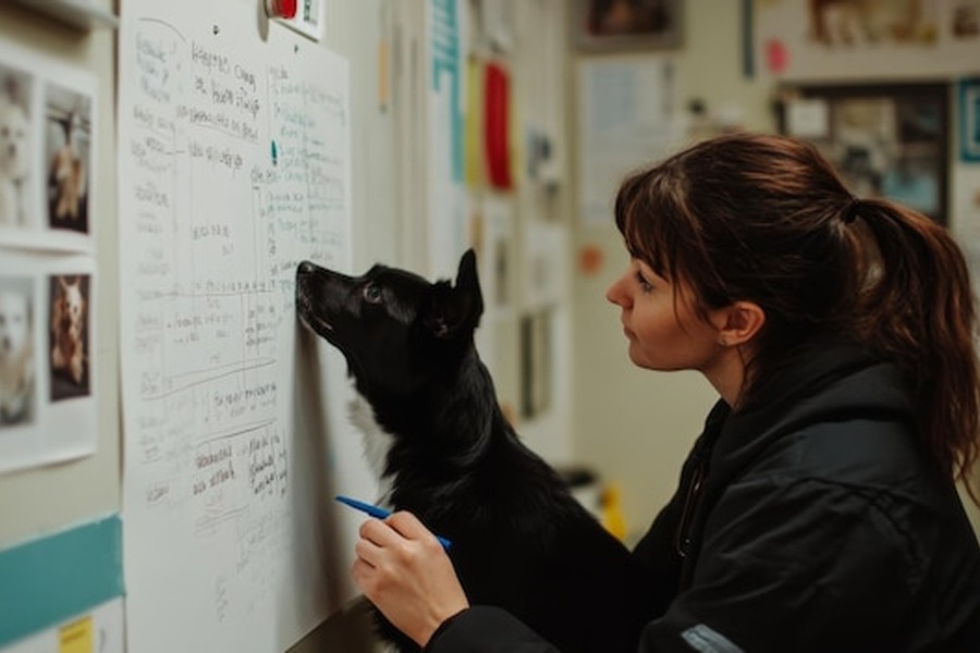 Une femme et son border collie étudient un tableau de données techniques, une mise en pratique du Guide pour interpréter les rapports d'analyse comportementale de son chien générés par l'IA.