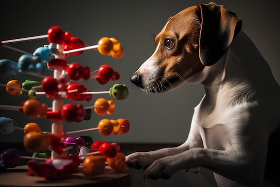Un chien curieux examine une hélice d'ADN colorée, représentant le biohacking pour chiens : les stratégies scientifiques pour prolonger l'espérance de vie et la vitalité de votre animal.