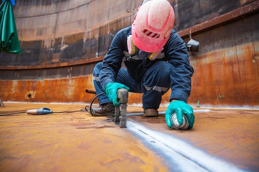 Un technicien spécialisé examine une structure pour expliquer pourquoi injecter de la résine expansive pour stabiliser vos fondations qui s'affaissent lors d'une intervention technique.