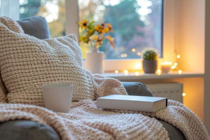Un coin lecture cosy près d'une fenêtre avec une couverture tricotée beige, un livre, une tasse et des guirlandes lumineuses.